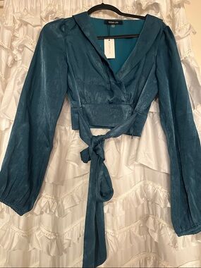Sugarlips Teal Satin-Look Wrap Tie Crop Blouse